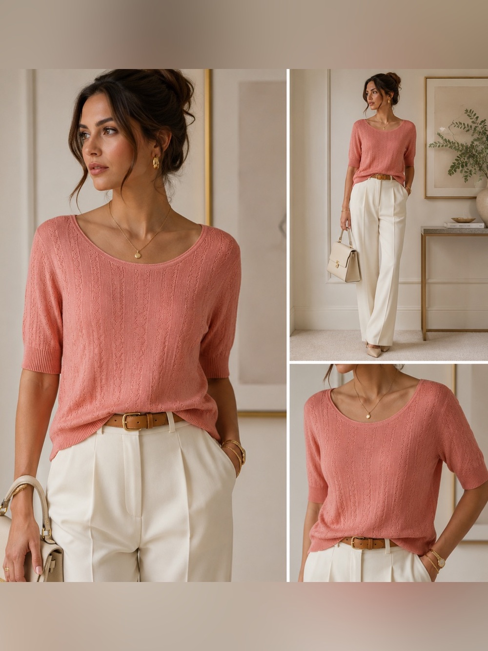 Kate Hill 75% Silk Pointelle Knit Top Coral Pink Size M